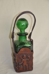25) Vintage Liquor Decanter Green Glass Embossed Leather Holder Strap Broken On Side 12'H