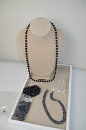 (503) Black Beaded Necklace And 2 Bracelets ( 1 Needs Repair) ~ Clear Crystal Necklace ( Needs Repair)