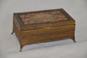 5) Antique Ornate Brass Wood Velvet Lined Embrodied Rose Top Jewelry Cigarette Box 6x4