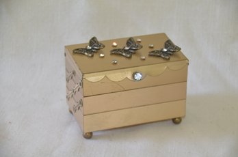 116) Vintage MCM Accordion Jewelry Box Gold Tone Metal Velvet Lined And Mirrored With Bufferflies & Jewels