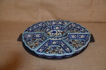 (#19) Jerusalem Hand-painted Blue And White Lazy Susan 6 Sections 1 Center Bowl 14' Tray Plastic