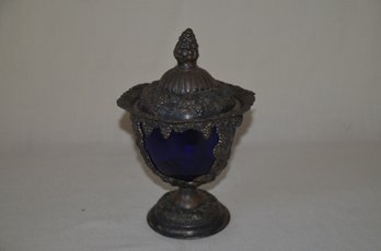 65) Vintage Cast Metal Grape Pattern Cobalt Blue Glass Insert Chalice Compote