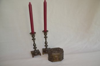 6) Pair Of Brass Candlestick Holders 7.5' With Brass Trinket Box 4.5x2.5