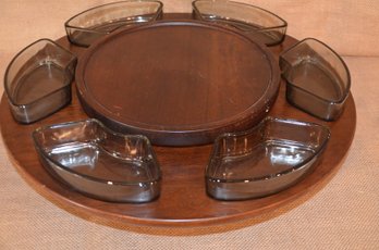 (#20) Wood Lazy Susan 6 Brown Glass Sections Double Tier Center 16.5'