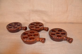 (#21) Vintage Escargot Brown Ceramic Pan With Handle Round Slots Oven Safe 5' Lot Of 4