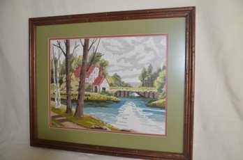 109) Cross Stitched Needlepoint Framed Country Cottage By Water Stream 22x18