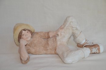 11) Signed Daze Mortensen Artist 81' Sculpture Little Boy Laying Down Approx 16x7