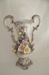 1) Vintage Italy Ceramic Capodimonte Double Handle Floral Vase Tall Centerpiece 20'H