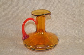 38) Vintage Rainbow Company Glass Red Handle Hand Blown Pitcher 7'H