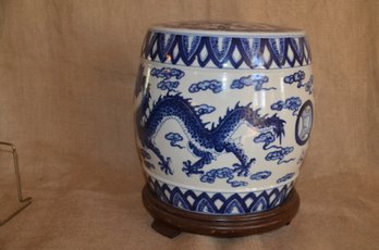 63) Blue And White Dragon Ceramic Garden Stool With Wood Stand (1 Foot Broke) See Pictures