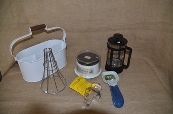 (#153) Kitchen Gadgets, Coffee Press, Scale, Spoon Rest, Metal Utensil Caddy Holder, Upright Chicken Roaster