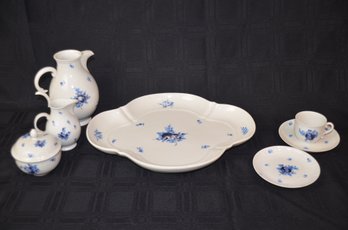 30) Nymphenburg Blue Flower Small Tea Porcelain Cup & Saucer, Platter, Creamer, Sugar, Pitcher