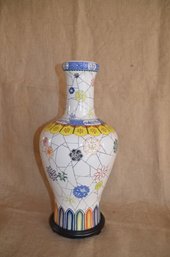 64) Taiwan Large Handpainted Vase 18' With Wooden Stand Base