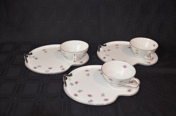31) Vintage Japan China Rosette Snack Plate Tea Cup Floral Platinum Rim Set Of 3