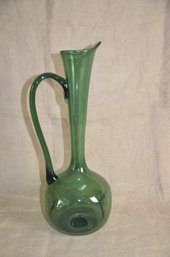 41) Vintage MCM Green Hand Blown Pitcher Pontil Sides Indented Jug Pitcher Art Glass 16'H