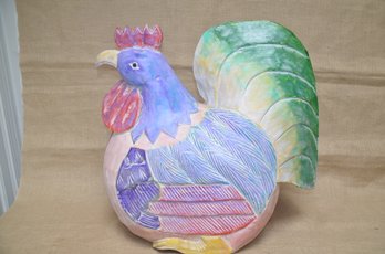 (#55) Oversized Wood Folk Art Hand Craved Pastel Colorful Decorative Rooster Display