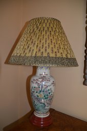 66) Oriental Hand Painted Table Lamp Wooden Footed Base Pleated Shade