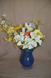 (#160) Blue Glass Vase 10'Height With Floral Spring Arrangement
