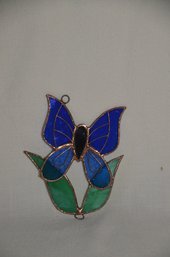 79) Stained Glass Sun Catcher Window Hanging BLUE BUTTERFLY 6'