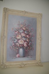 116) Large Acrylic / Oil On Canvas Painting Of Bouquet Of Flowers French Provincial Wood Frame 45x32