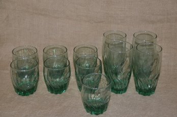 (#162) Blue Green Drinking Glasses Set Of 11