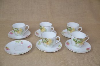 (#100) J&C Germany Porcelain Demitasse Cup And Saucers Rose Motif 11 Pieces (cups 4x2.75 ~ Saucers 5.25)