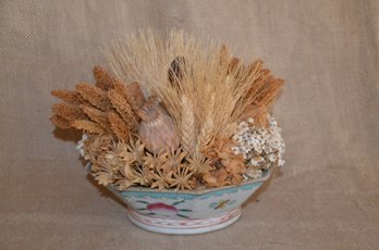 68) Pottery Planter Bowl 10' Diag. Dried Flower Arrangement 9'
