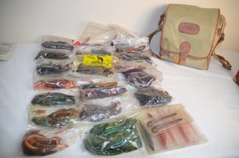 (#60) Fishing Large Assortment Of Fresh Water Rubber Worms In Canvas Bag