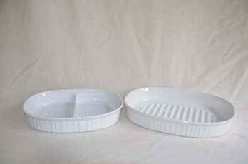 176) White Corning Ware Roaster And Divided Dish