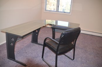 Home Office Desk Glass Top Metal Base With Chair