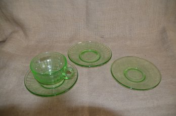 46) Depression Green Glass Cup And Saucer Set & 2 Saucers