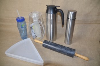 (#127) Thermos ~ Marble Rolling Pin ~ Plastic Pitcher, One Slice Tupperware Storage