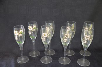 133) Set Of 8 Hand Painted Flower Champagne Flute Glasses