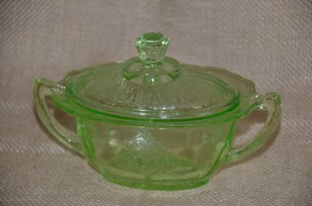 47) Depression Green Glass Princess Cover 2 Side Handle Sugar Bowl Lid Slight Chip On Edge