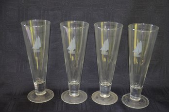 134) Set Of 4 Etched Sail Boat Beer Clear Glasses