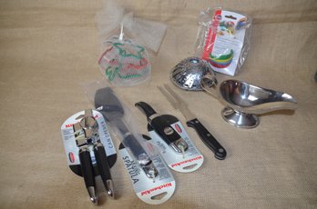 (#128) NEW Kitchen Gadgets: Can Opener, Spatula, Peeling, Christmas Cookie Cutters, Measuring Bowls