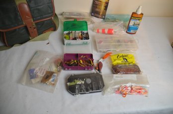 (#62) Assortment Of Fishing Lures, Worms In Canvas Bag
