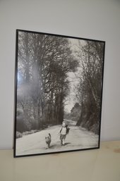 118) Framed Black And White Picture Print Boy With Dog Walking Home 22x28