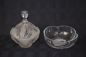 42) Clear Glass Frosted Detail Bowl And Covered Candy Dish ( See Description )