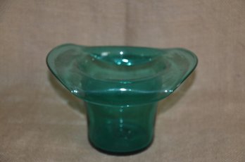52) Aquamarine Crackle Art Glass Small Mid-century Modern Cowboy Hat Hand Blown Glass 4.5'H