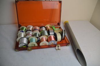 (#64) Box Full Of Fishing Line And Rod Holder