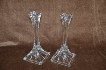 (#11) Pair Of Crystal Glass Candle Stick Holders 10'H