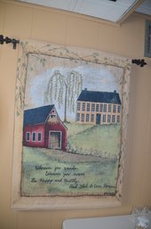 (#70) Wall Hanging Farm Scene Tapestry With Rod