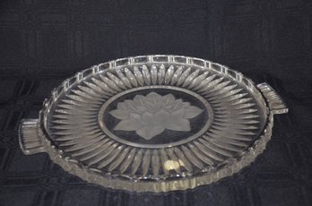 45) Lead Crystal 11.5' Round Cake Serving Platter Frosted Center Lotus Flower With Handle Made In Germany