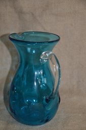 54) Vintage Bishoff Teal Blue Turquoise Glass Pinched Pitcher Hand Blown 8'H