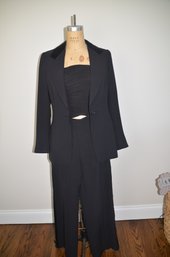 #13LR GIORGIO ARMANI 3 Piece Dressy Pant Suit Black Silk Collar Blazer And Silk Stripe Down Pant Legs & Cami