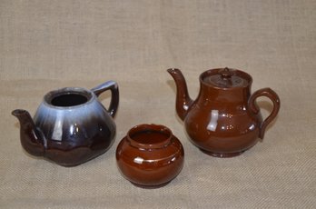 (#106) Stoneware And Liverpool Teapots (one No Lid) ~ Stoneware Sugar Bowl