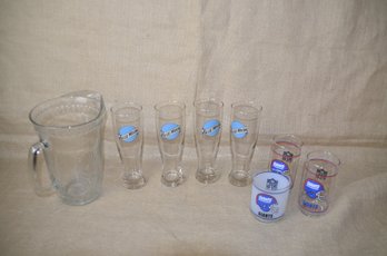 (#134) Heavy Duty Glass Pitcher ~ Blue Moon Beer 4 Pilsner Glasses ~  3 Giant Drinking Glasses