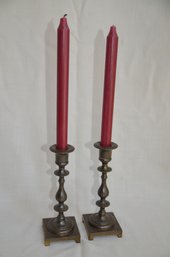 115) Pair Of Brass Candlestick Holder With Candles 7.5'H