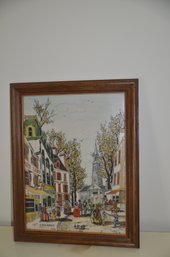 123) C. Harsha Hand Painted Four Dimensional Etched Art Work Oak Wood Frame 14x18